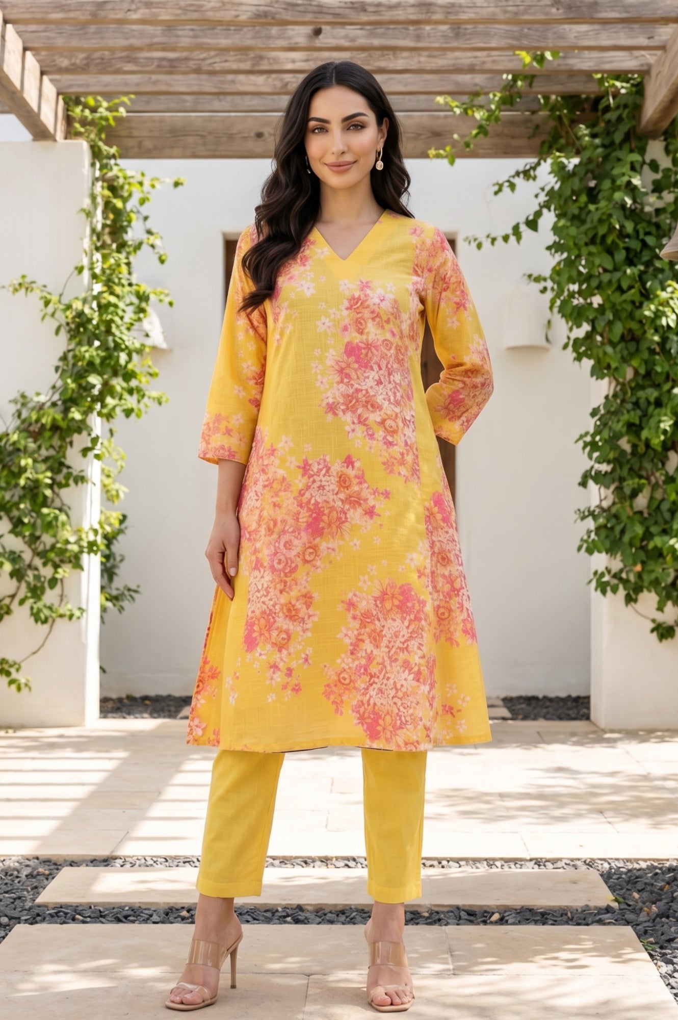 Yellow Floral Printed Pure Cotton A-line Kurta