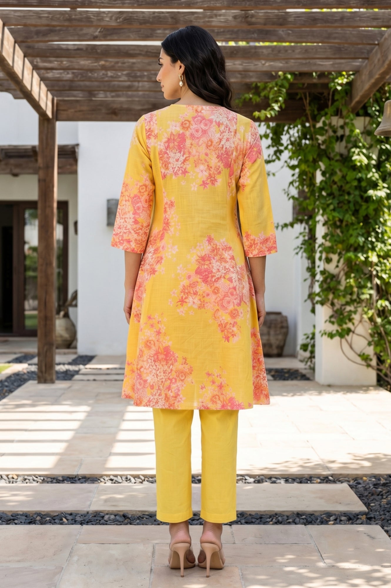 Yellow Floral Printed Pure Cotton A-line Kurta