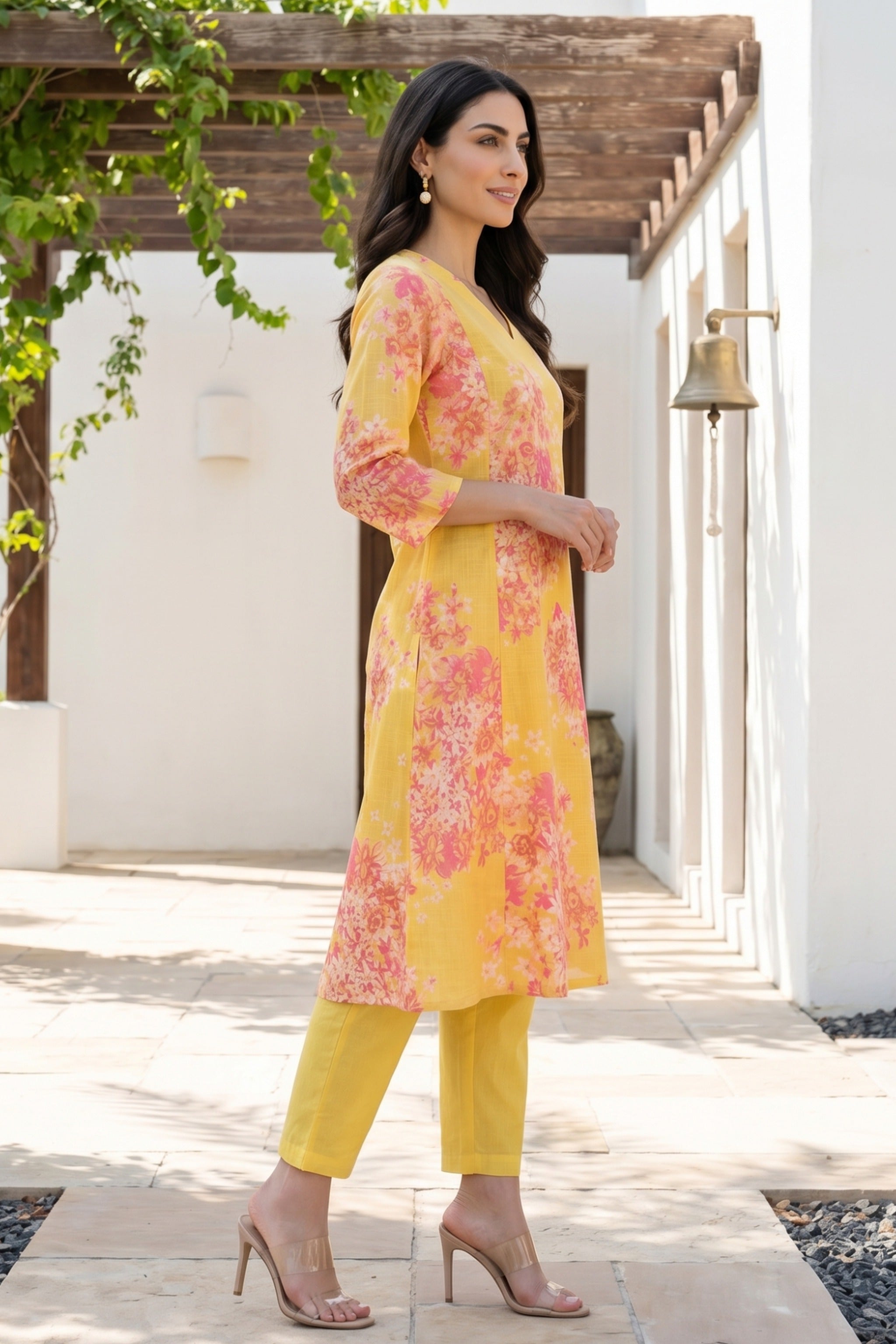 Yellow Floral Printed Pure Cotton A-line Kurta