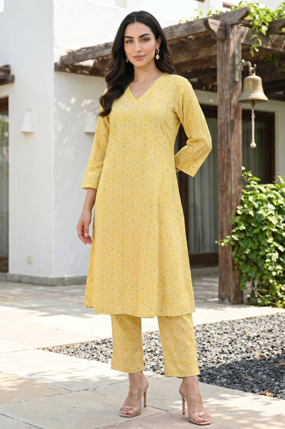 Yellow Geometric Printed Rayon A-line Kurta