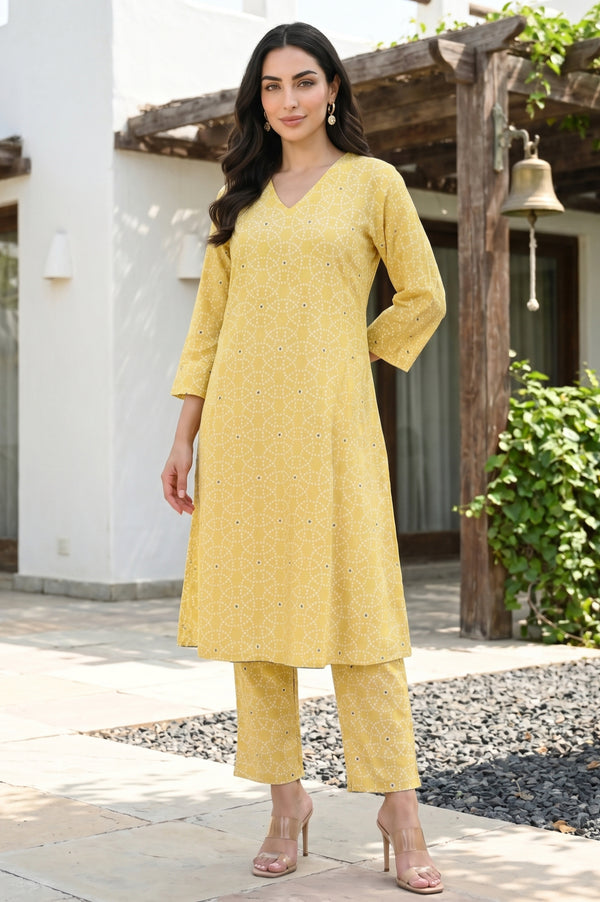 Yellow Geometric Printed Rayon A-line Kurta