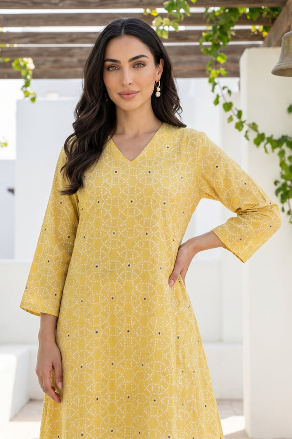 Yellow Geometric Printed Rayon A-line Kurta