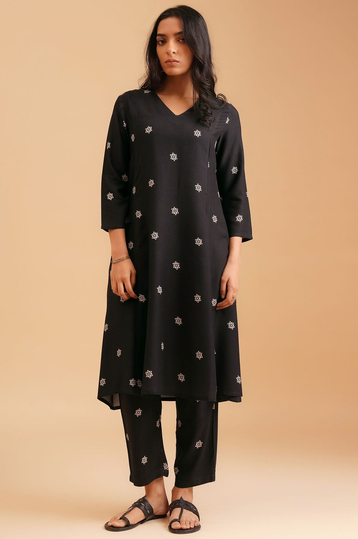 Black Floral Printed Rayon A-line Kurta
