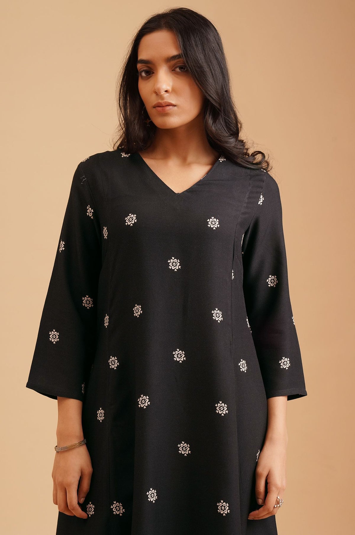 Black Floral Printed Rayon A-line Kurta