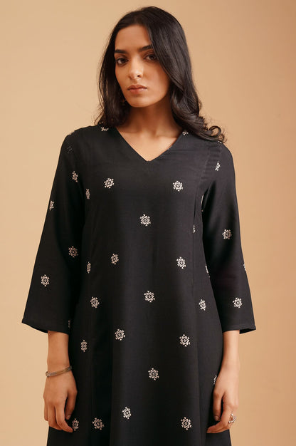 Black Floral Printed Rayon A-line Kurta