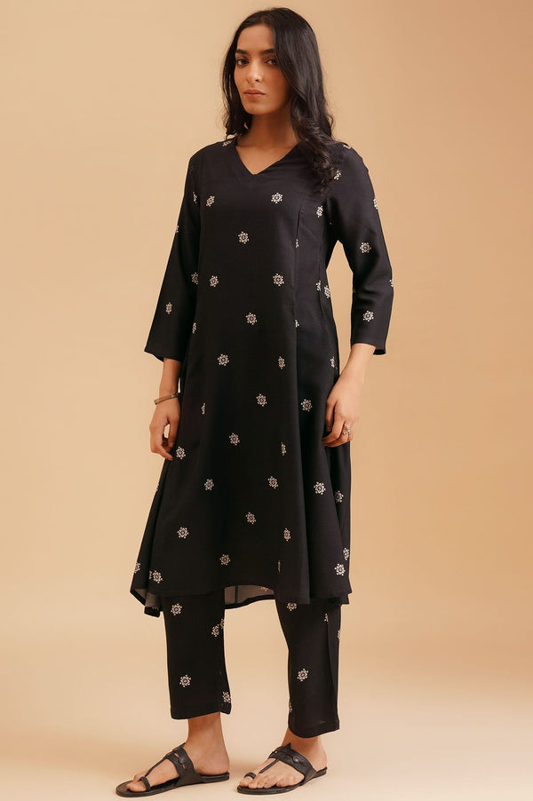 Black Floral Printed Rayon A-line Kurta
