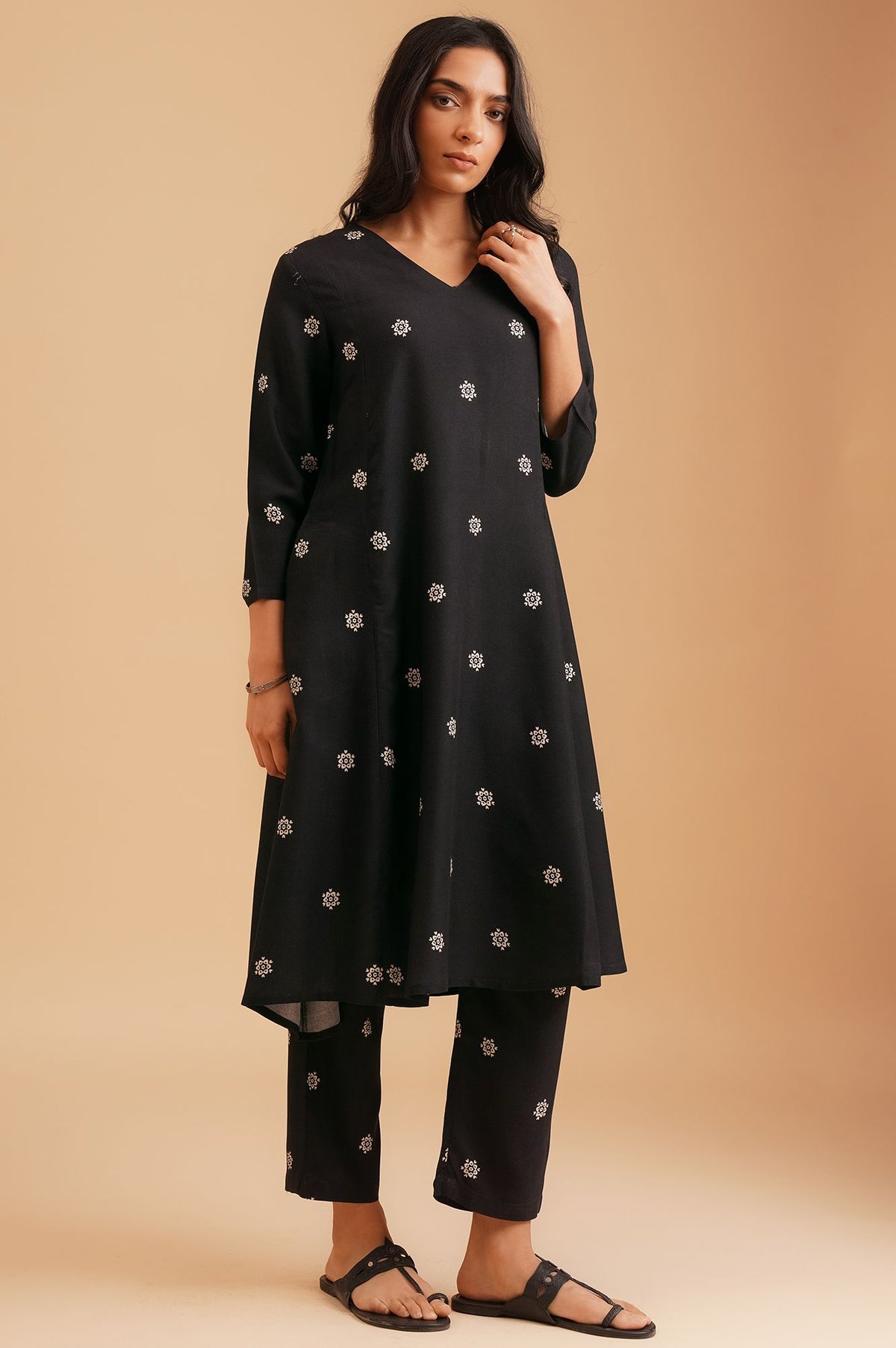 Black Floral Printed Rayon A-line Kurta