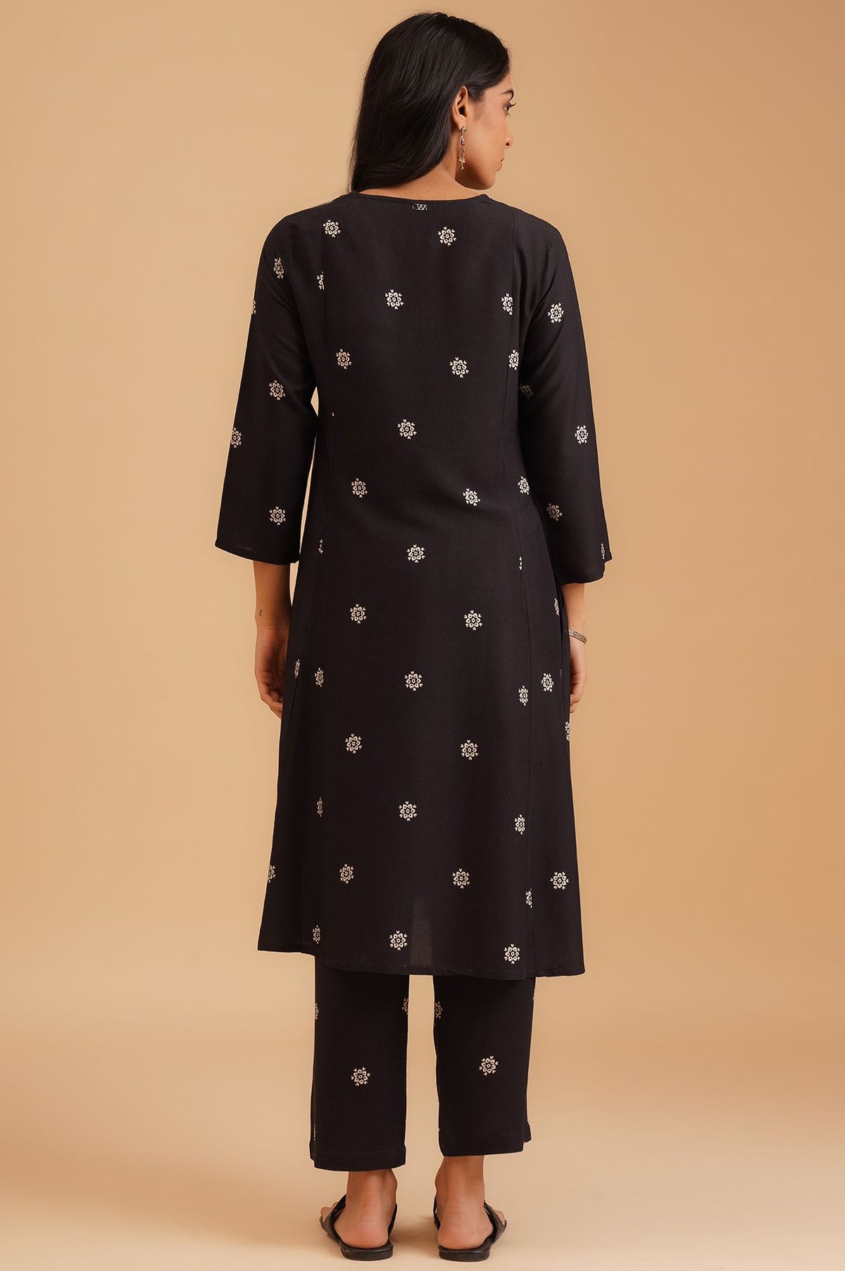 Black Floral Printed Rayon A-line Kurta