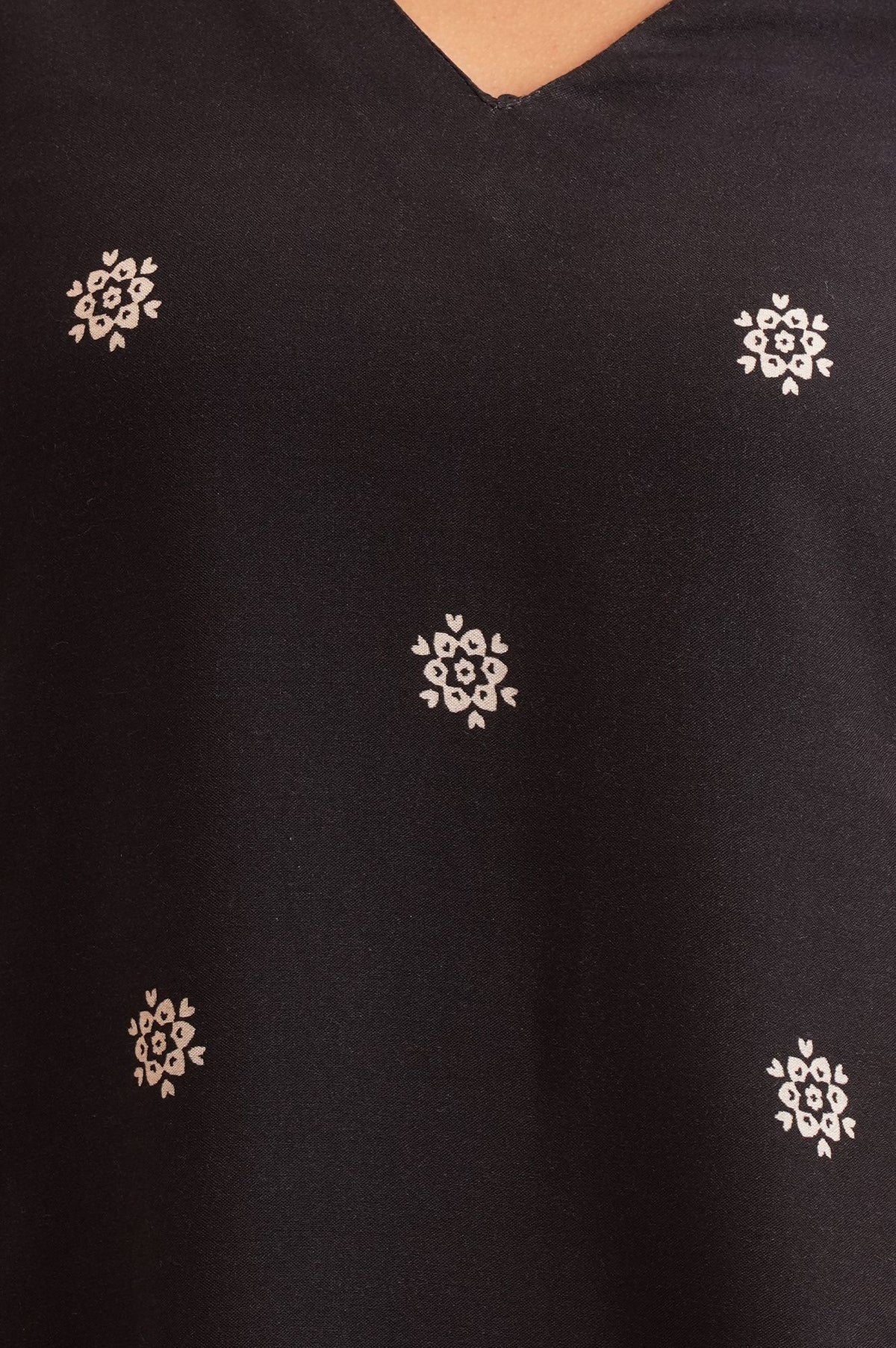 Black Floral Printed Rayon A-line Kurta