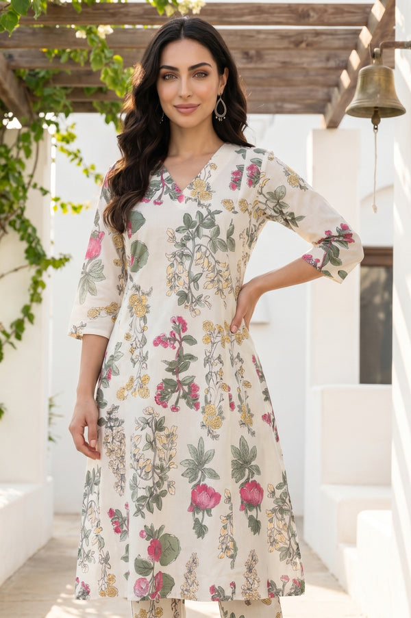 Off White Floral Printed Pure Cotton A-line Kurta