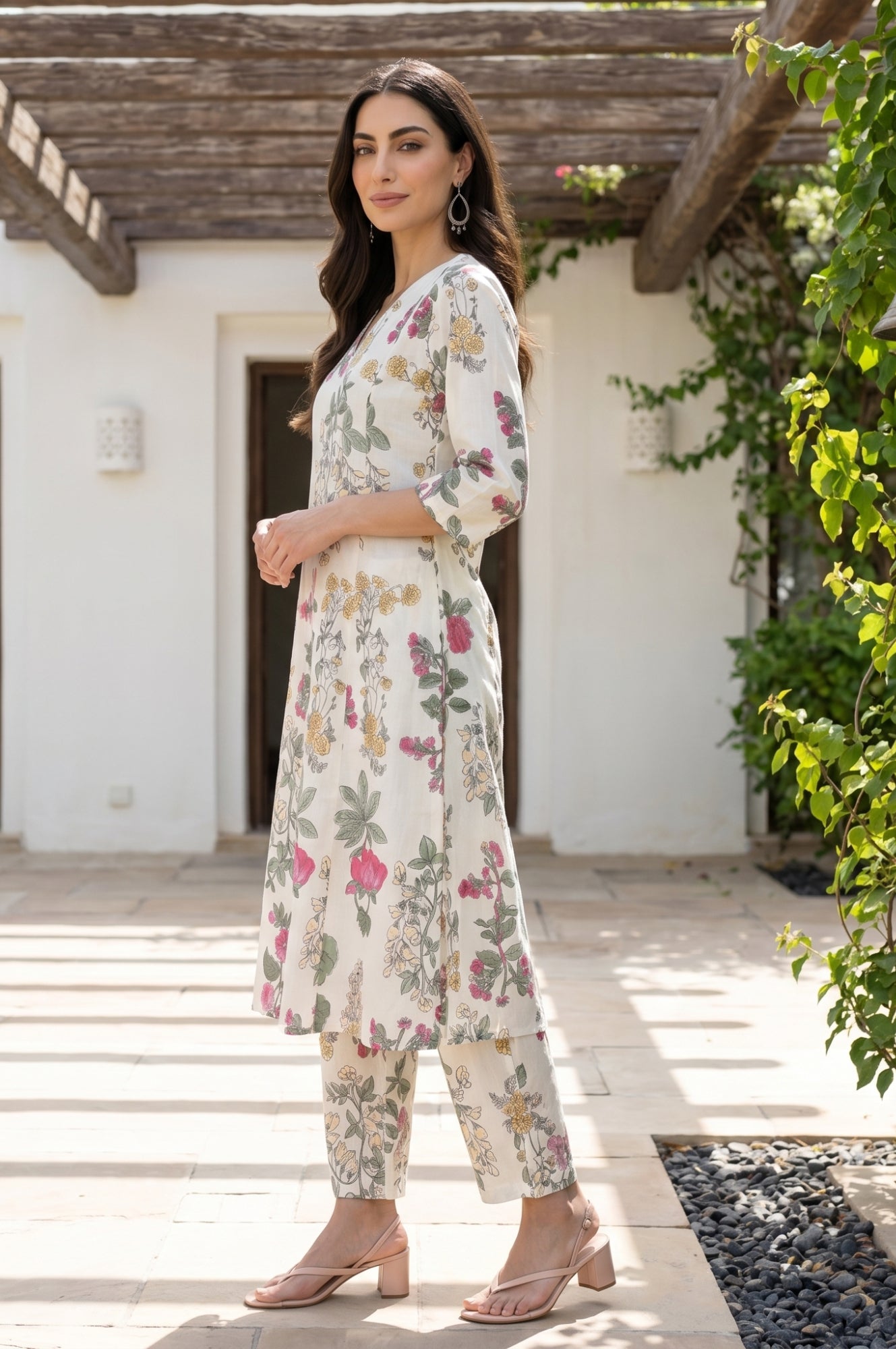 Off White Floral Printed Pure Cotton A-line Kurta
