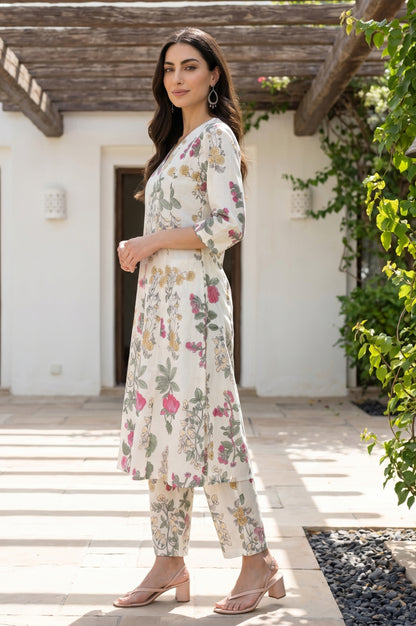Off White Floral Printed Pure Cotton A-line Kurta