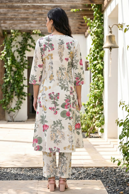 Off White Floral Printed Pure Cotton A-line Kurta