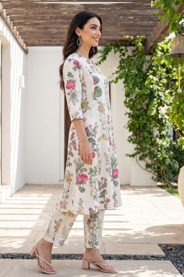 Off White Floral Printed Pure Cotton A-line Kurta