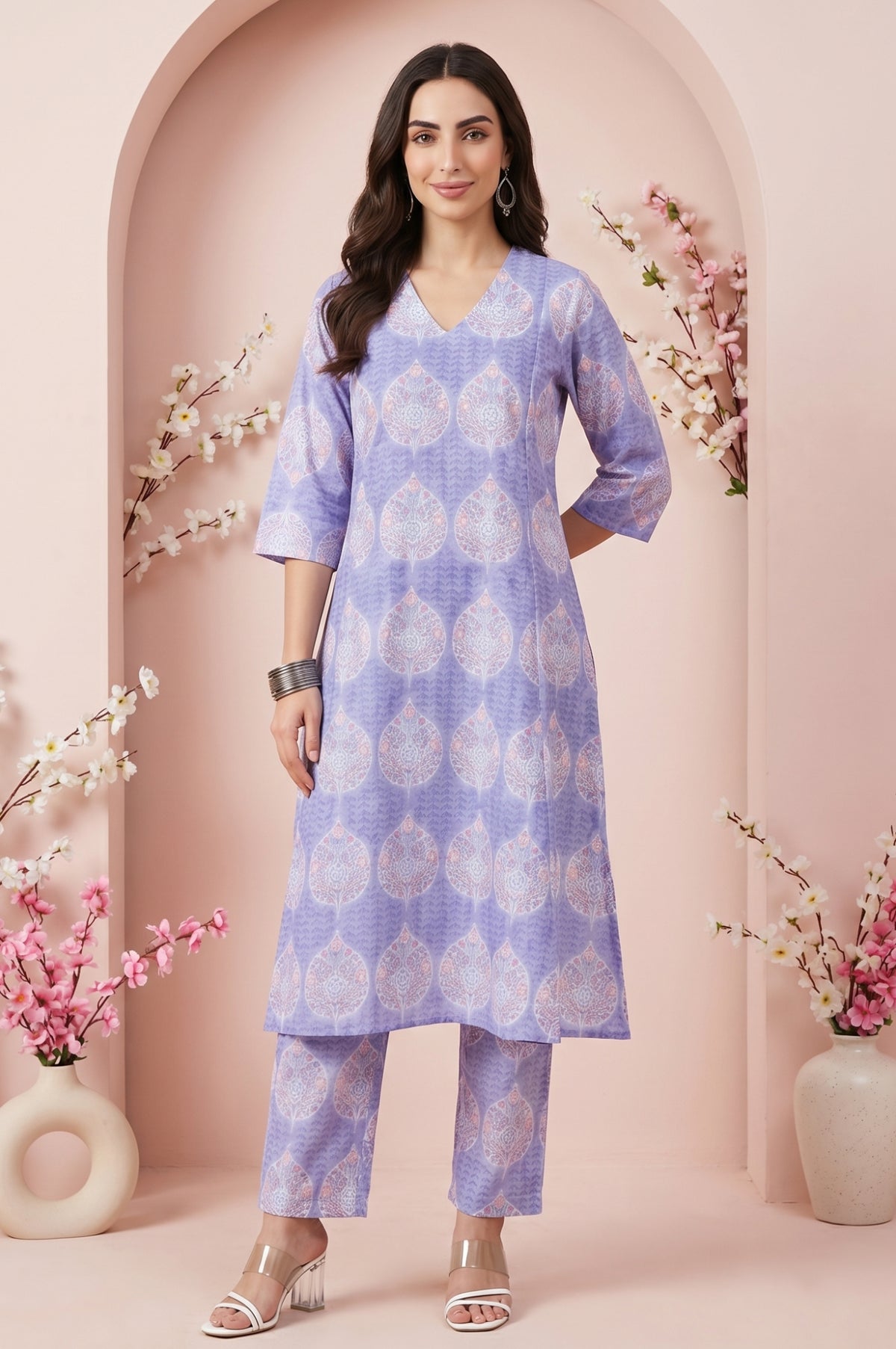 Lavender Floral Printed Pure Cotton A-line Kurta - XS