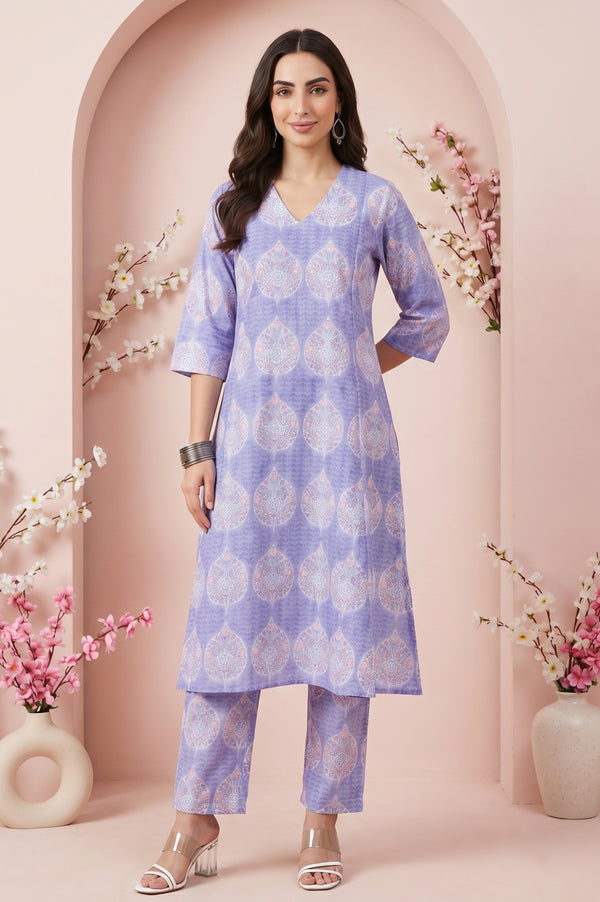 Lavender Floral Printed Pure Cotton A-line Kurta