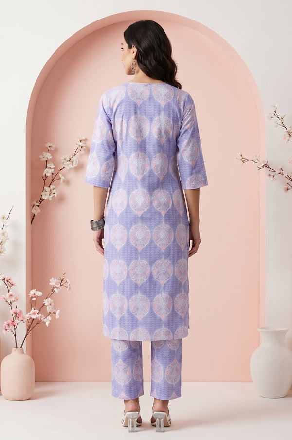 Lavender Floral Printed Pure Cotton A-line Kurta