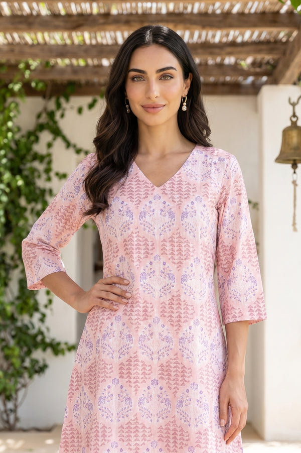 Pink Floral Printed Pure Cotton A-line Kurta