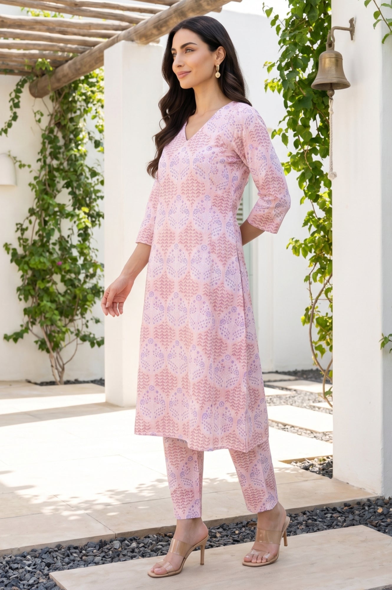Pink Floral Printed Pure Cotton A-line Kurta
