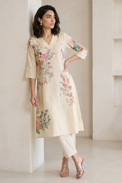 Cream Floral Printed Pure Cotton A-line Kurta