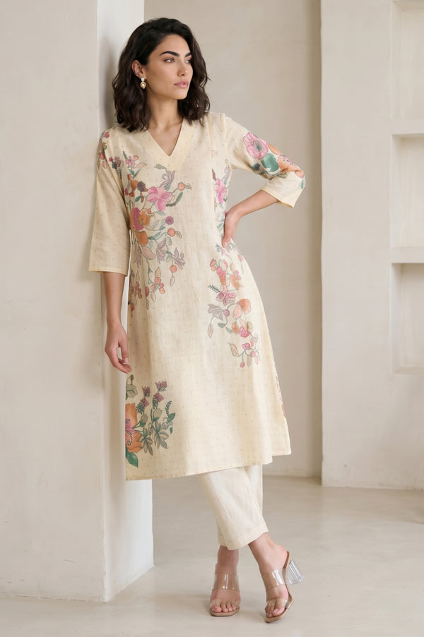 Cream Floral Printed Pure Cotton A-line Kurta