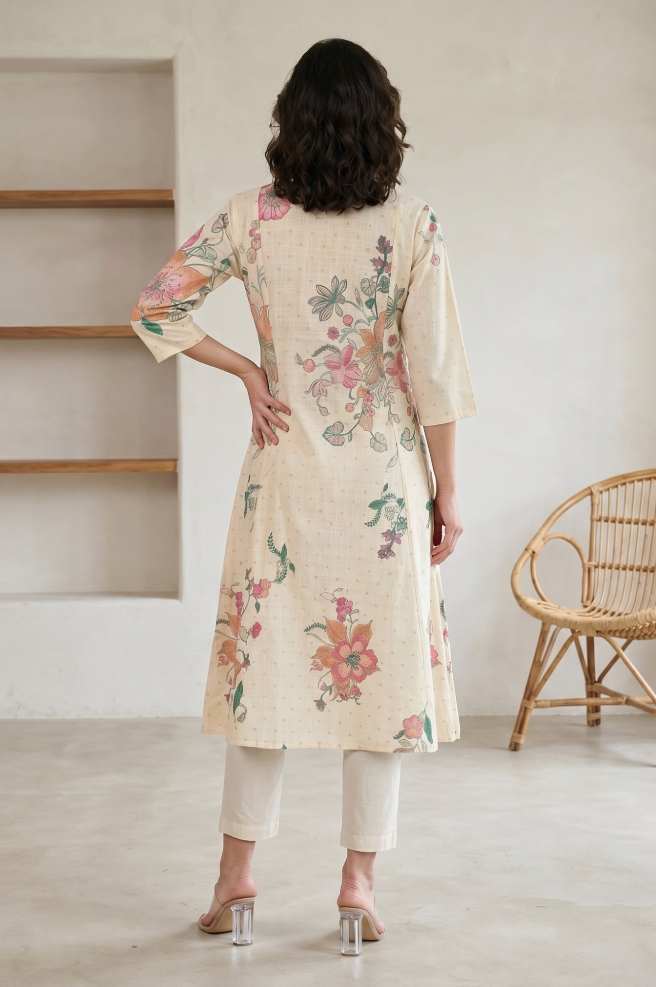 Cream Floral Printed Pure Cotton A-line Kurta