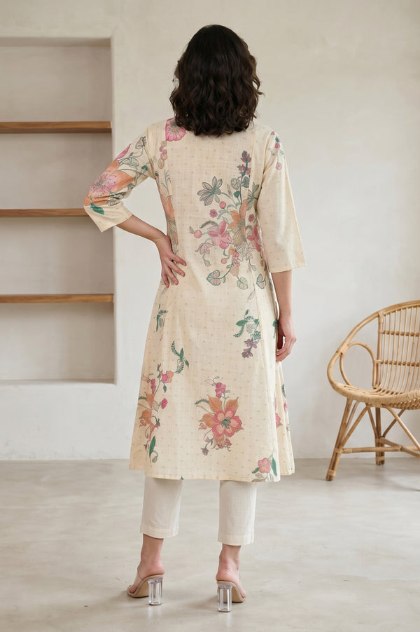 Cream Floral Printed Pure Cotton A-line Kurta