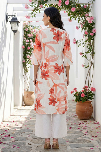 Off White Floral Printed Rayon Straight Kurta