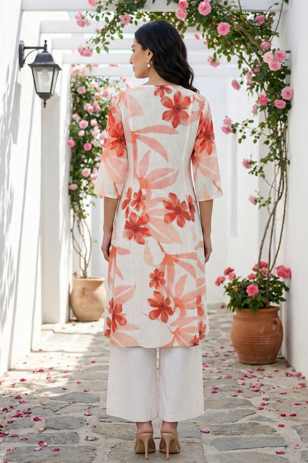 Off White Floral Printed Rayon Straight Kurta