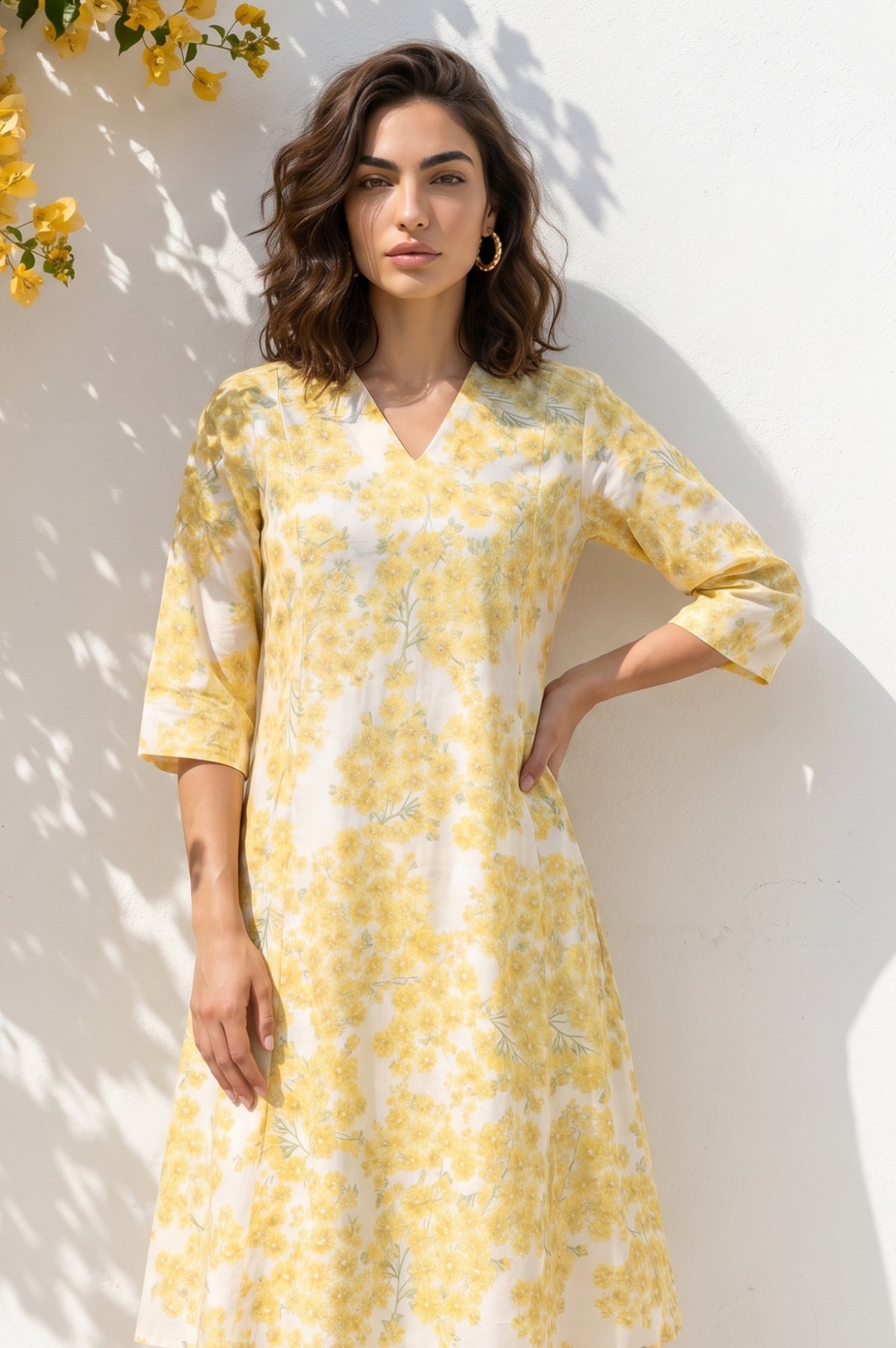 Off White Floral Printed Pure Cotton A-line Kurta