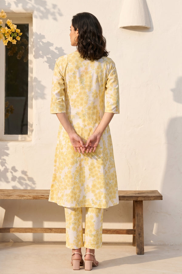 Off White Floral Printed Pure Cotton A-line Kurta