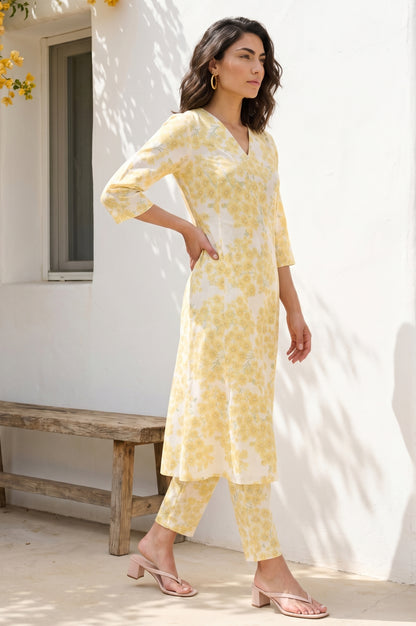 Off White Floral Printed Pure Cotton A-line Kurta
