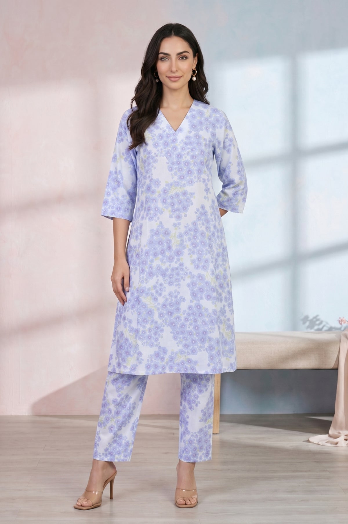 White Floral Printed Pure Cotton A-line Kurta - L