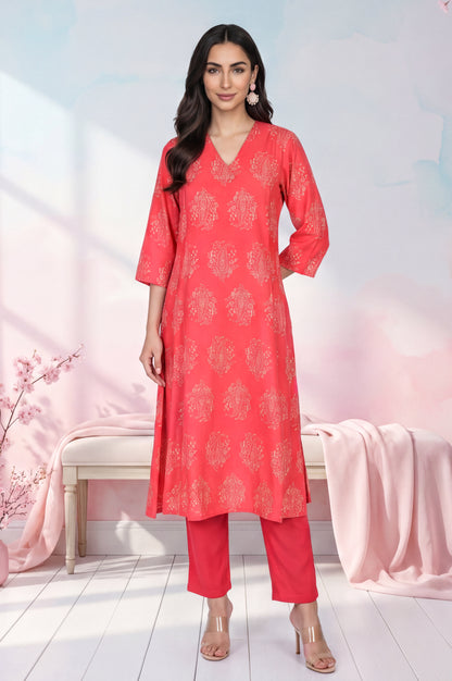 Red Foil Floral Printed Pure Cotton Flared Kurta