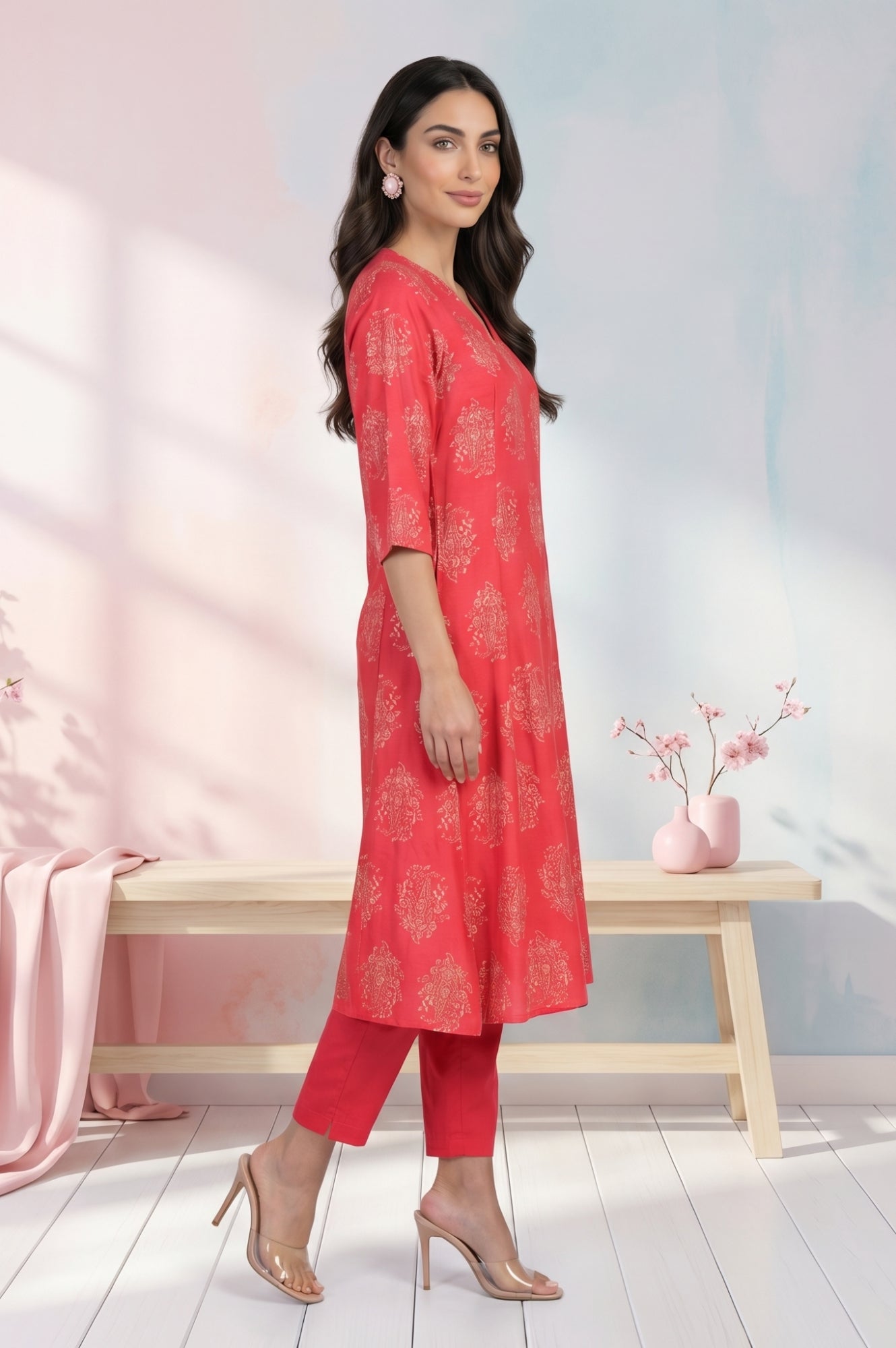 Red Foil Floral Printed Pure Cotton Flared Kurta