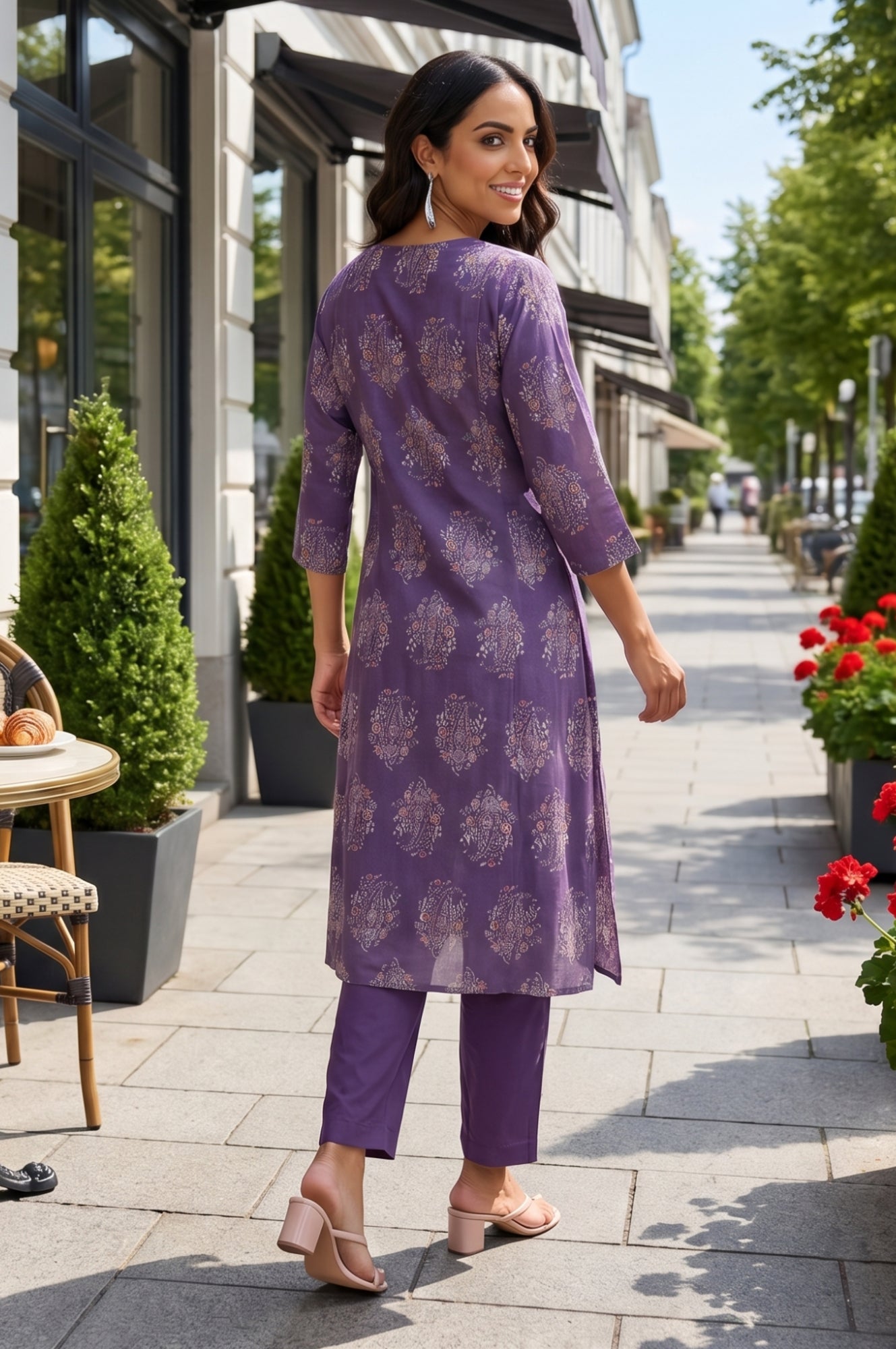 Purple Floral Printed Pure Cotton A-line Kurta