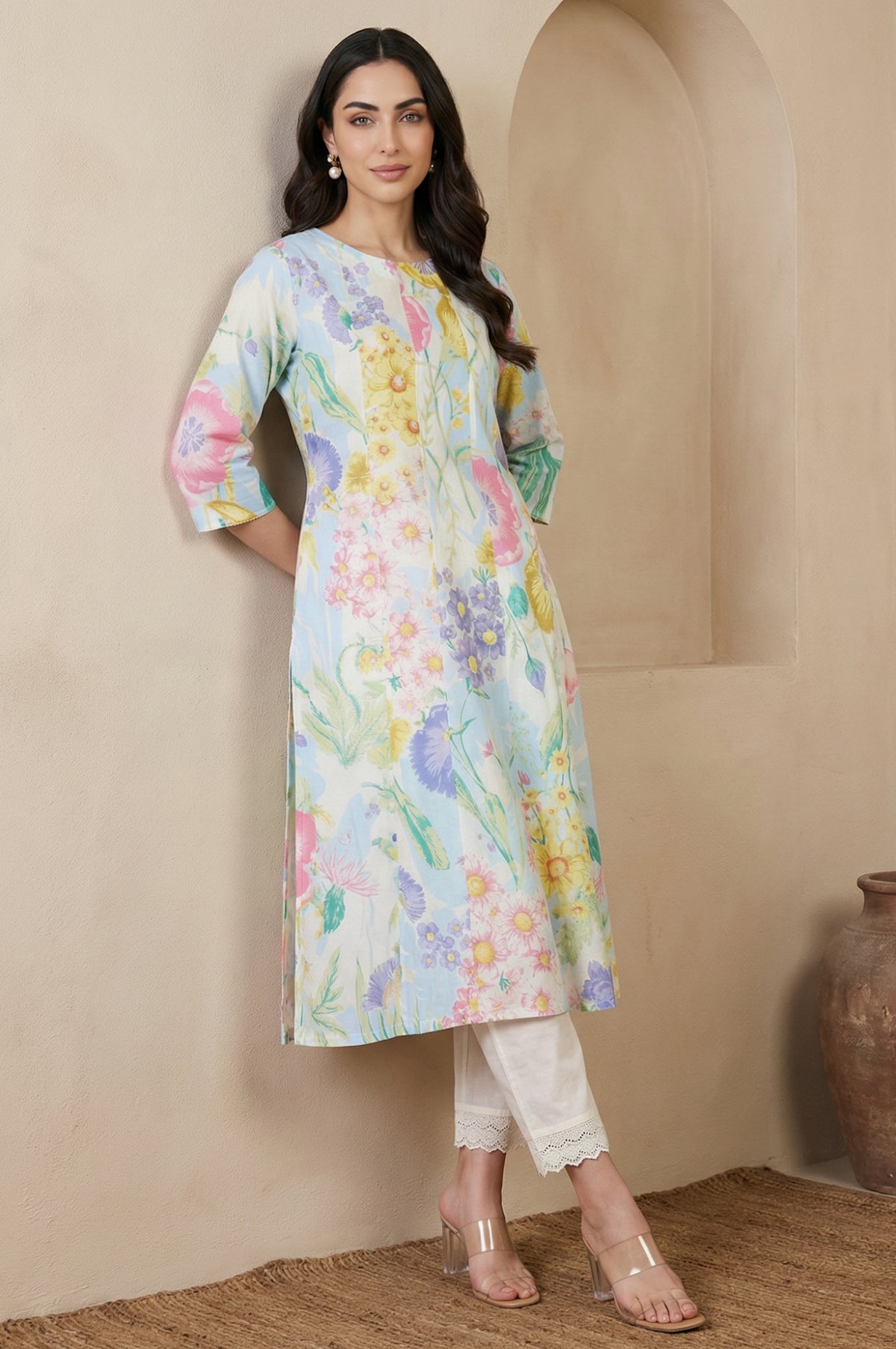 Multicolor Floral Printed Pure Cotton A-line Kurta - XS