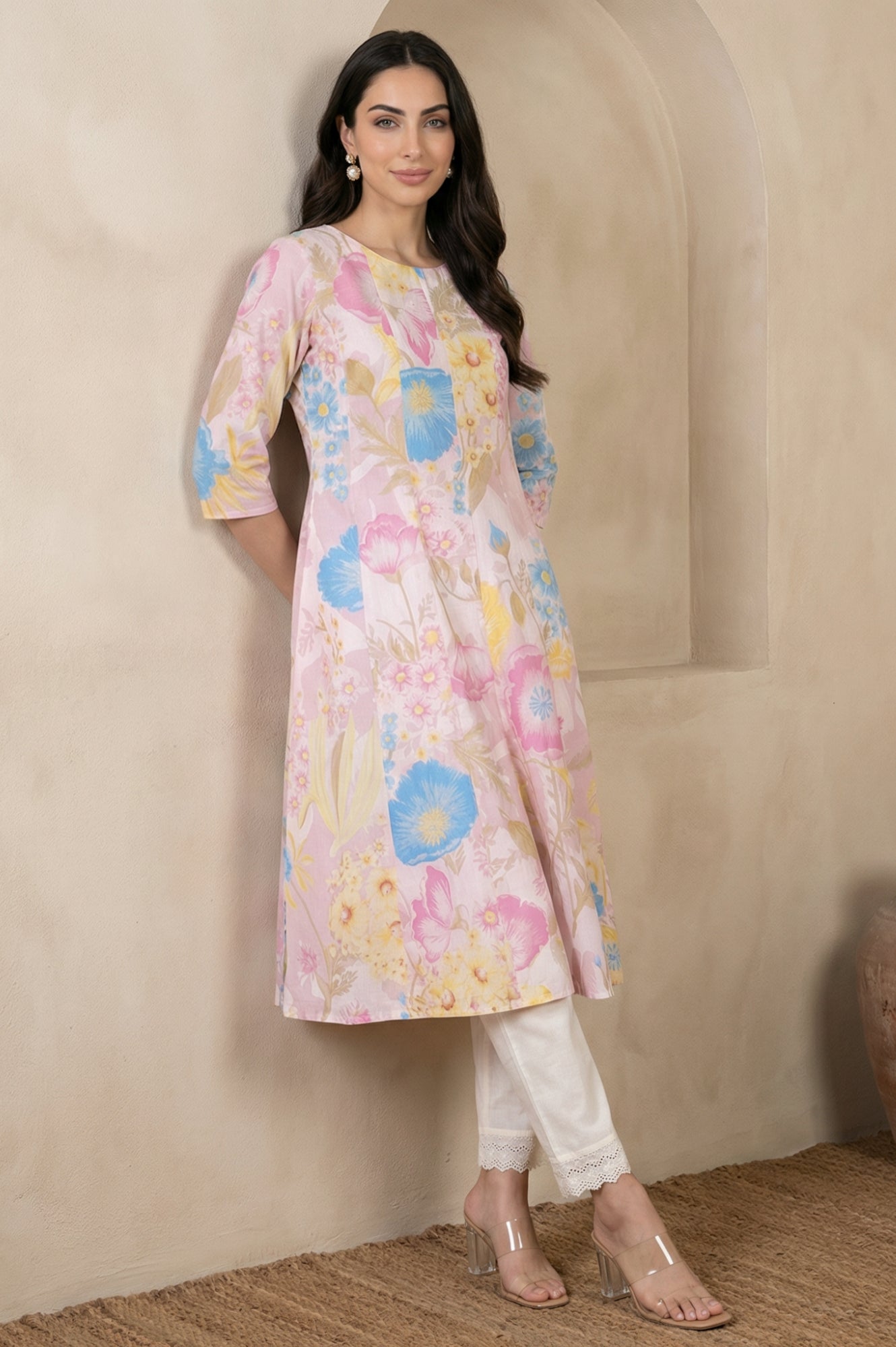 Pink Floral Printed Pure Cotton A-line Kurta