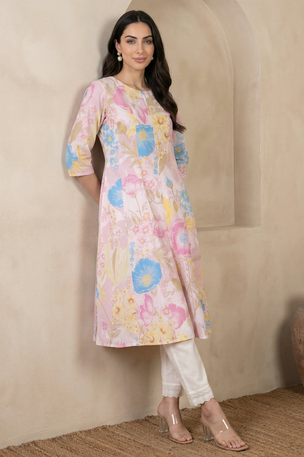Pink Floral Printed Pure Cotton A-line Kurta