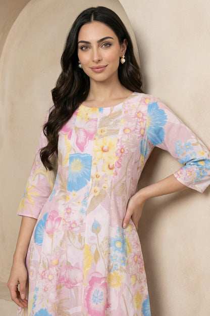Pink Floral Printed Pure Cotton A-line Kurta