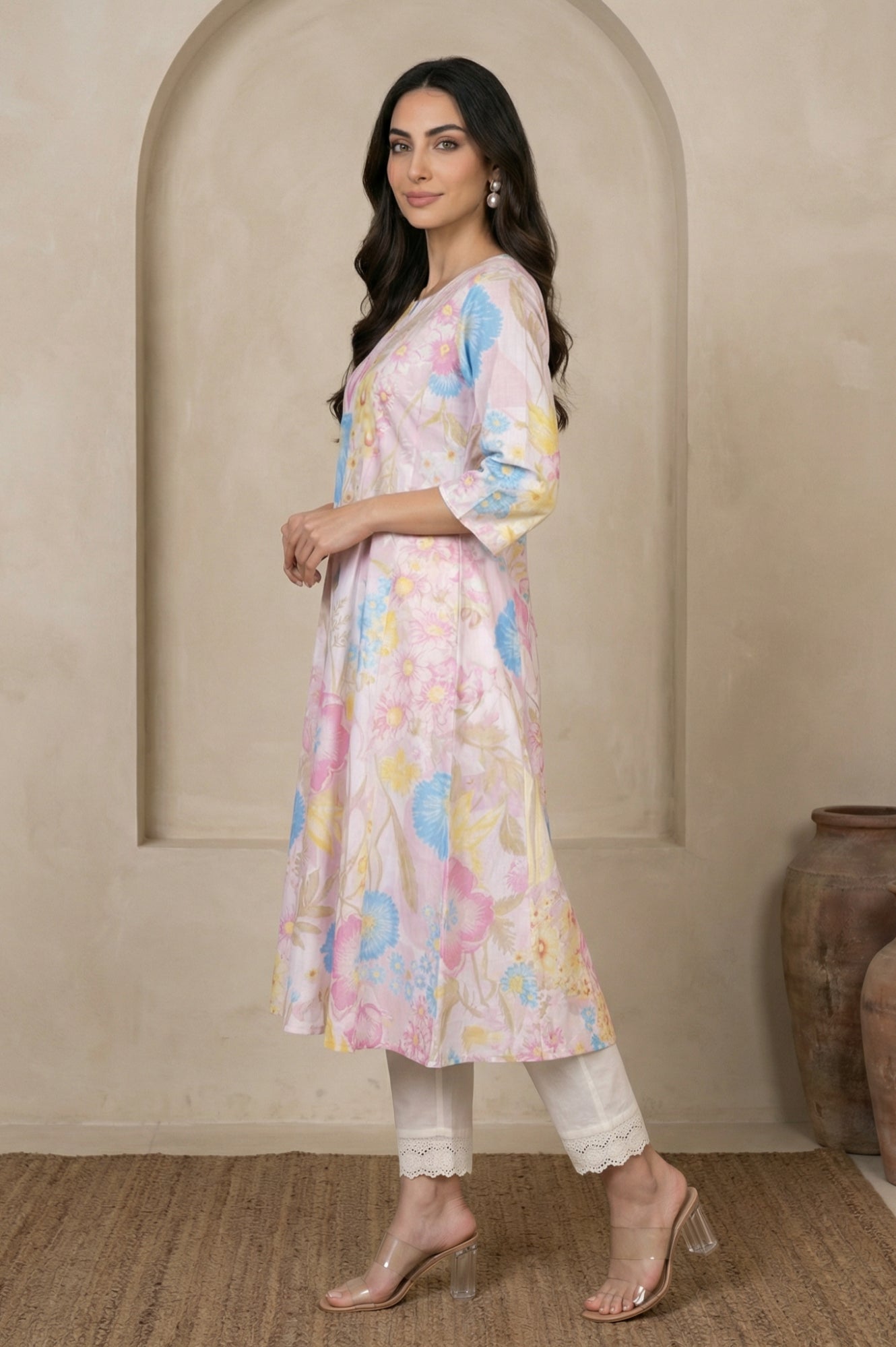 Pink Floral Printed Pure Cotton A-line Kurta