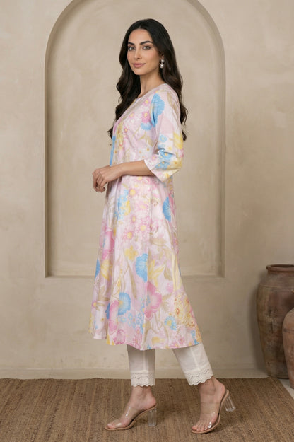 Pink Floral Printed Pure Cotton A-line Kurta