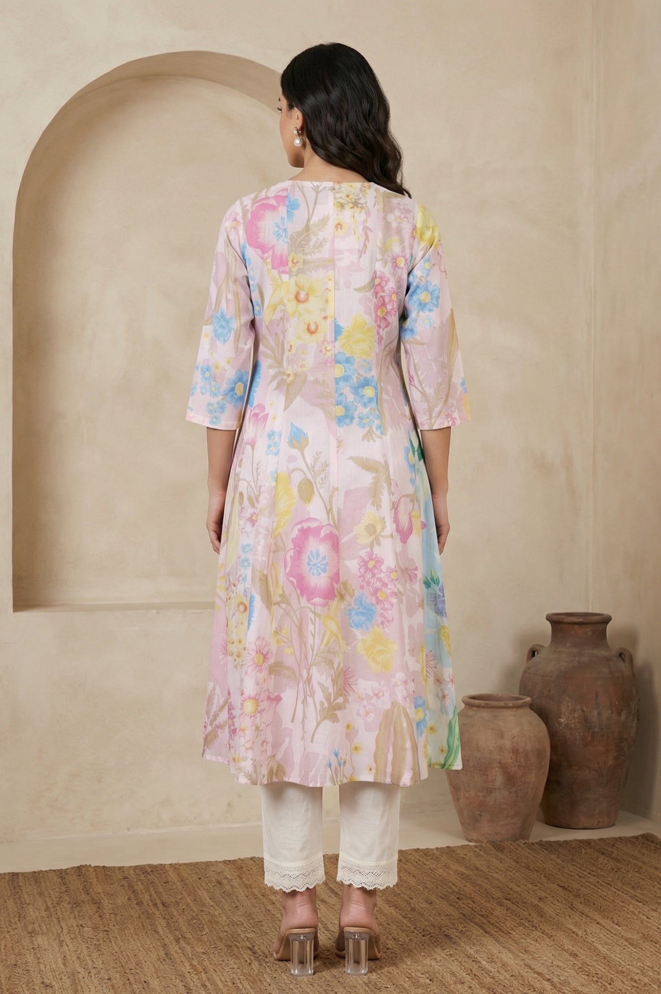 Pink Floral Printed Pure Cotton A-line Kurta