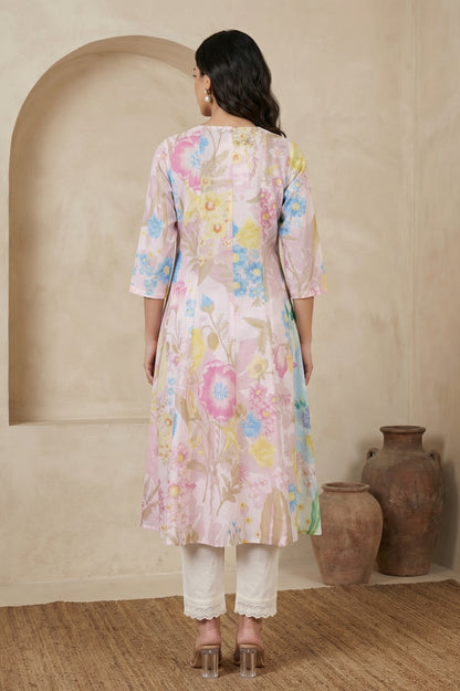 Pink Floral Printed Pure Cotton A-line Kurta