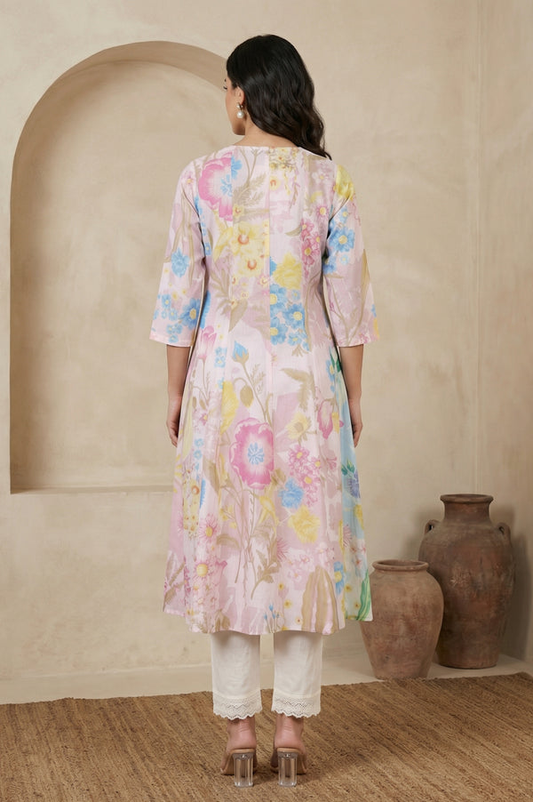 Pink Floral Printed Pure Cotton A-line Kurta