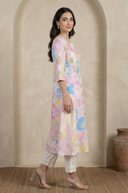 Pink Floral Printed Pure Cotton A-line Kurta