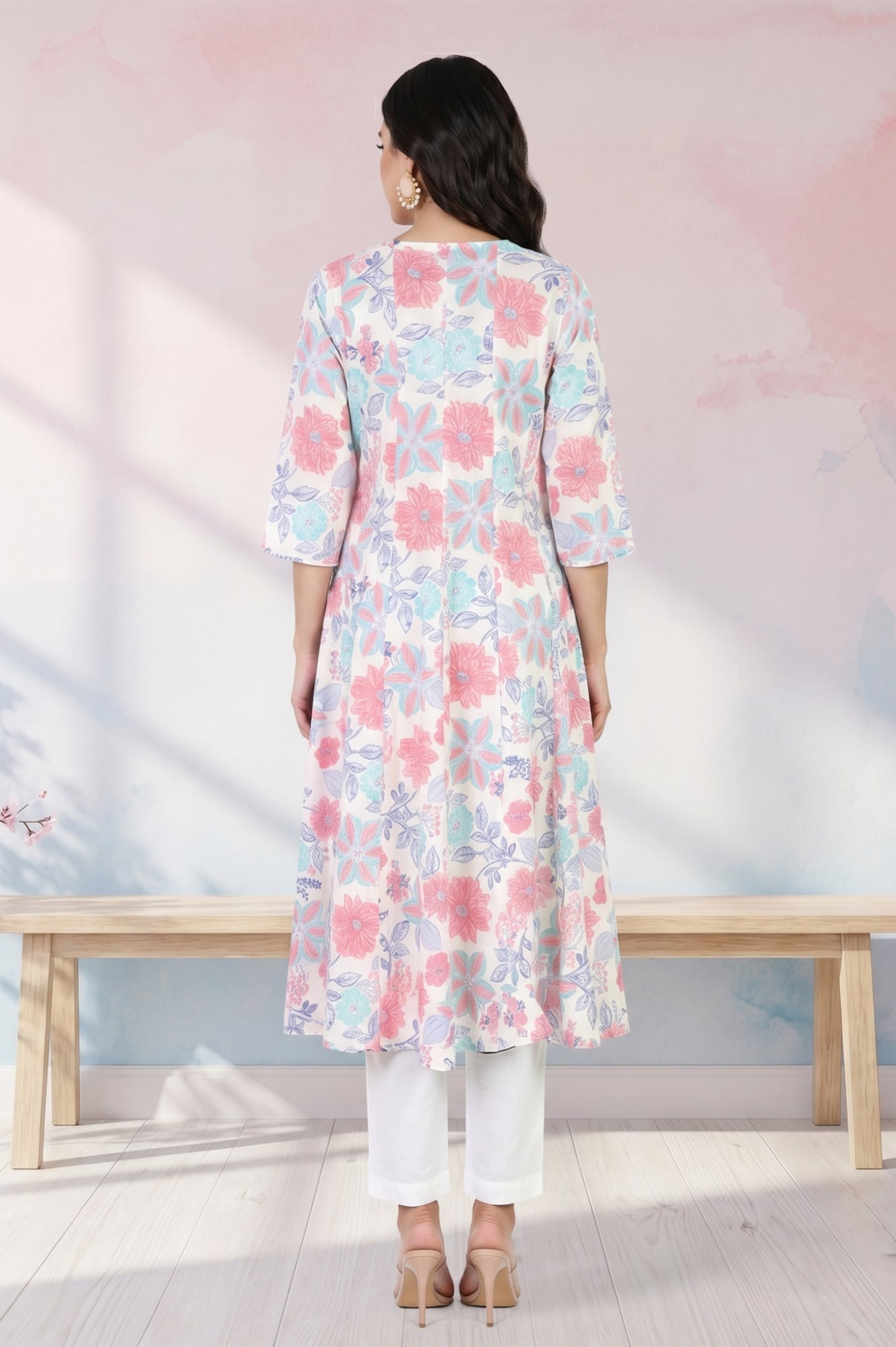 White Floral Printed Cotton Flax Flared Kurta
