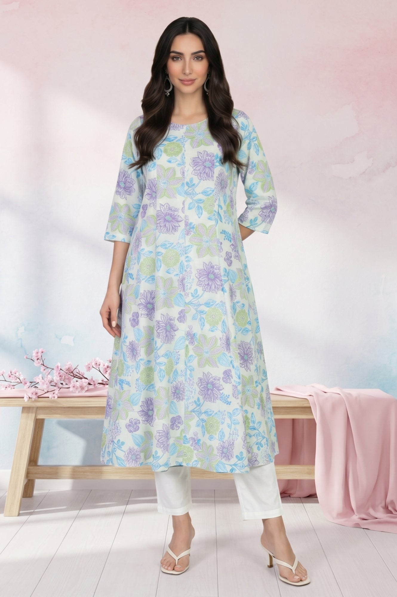 Off White Floral Printed Cotton Flax A-line Kurta