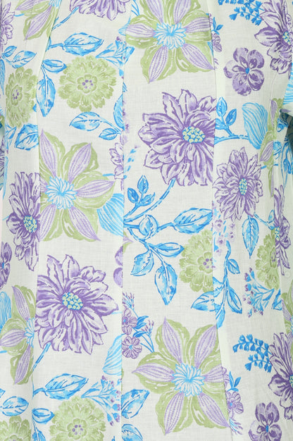 Off White Floral Printed Cotton Flax A-line Kurta