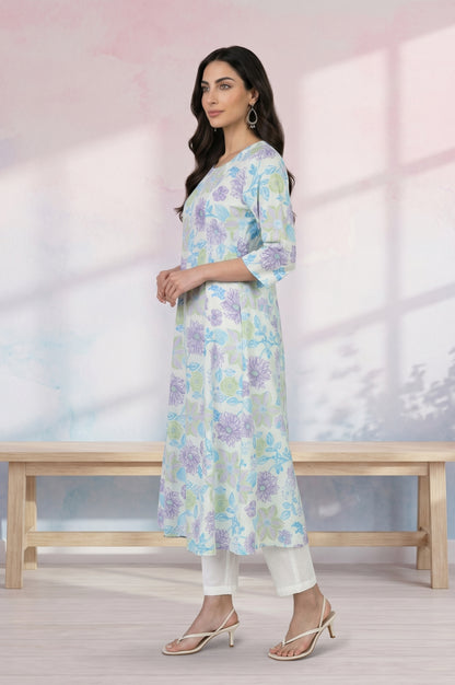 Off White Floral Printed Cotton Flax A-line Kurta